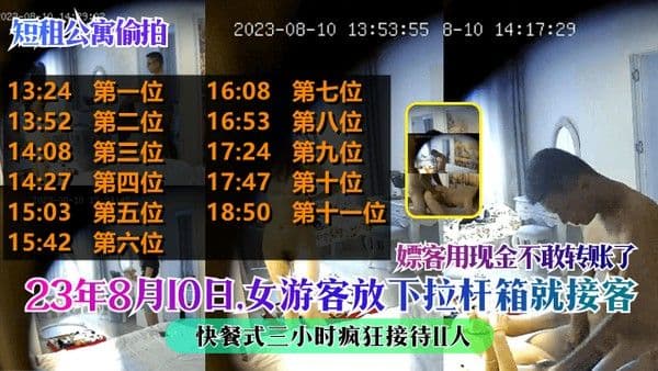 短租公寓偷拍23年8月10日女游客放下拉杆箱就接客快餐式三小时疯狂接待11人嫖客用现金 不敢转账了